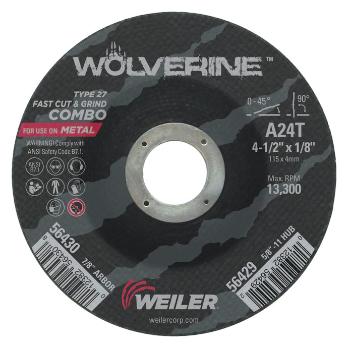 Wolverine Combo Wheels, 4 1/2 in Dia, 1/8 in Thick, 7/8 in Arbor, 24 Grit, R