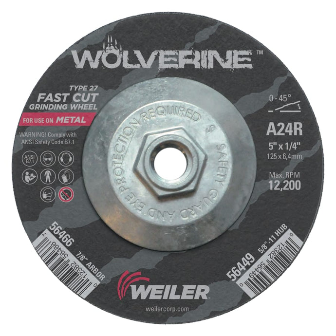 Wolverine Grinding Wheels, 5 in Dia, 1/4 in Thick, 5/8 in Arbor, 24 Grit, R
