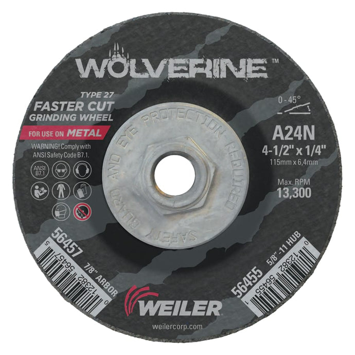 Wolverine Grinding Wheels, 4 1/2 in Dia, 1/4 in Thick, 5/8 in Arbor, 24 Grit, N