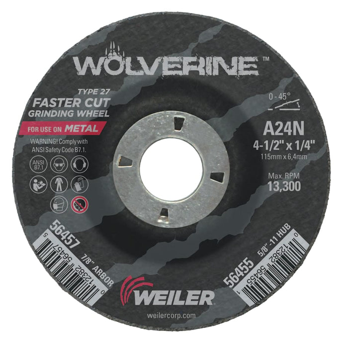 Wolverine Grinding Wheels, 4 1/2 in Dia, 1/4 in Thick, 7/8 in Arbor, 24 Grit, N