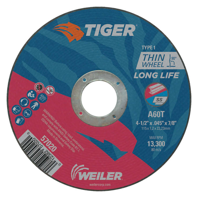 Tiger® Aluminum Oxide Flat Type 1 Cutting Wheel, 4-1/2 in dia x 0.045 in, 7/8 in Arbor, 60 Grit, T Hardness