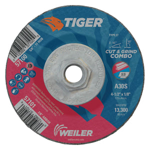 Tiger Combo Wheels, 4 1/2 in Dia, 5/8 in-11 Arbor, Grit 30