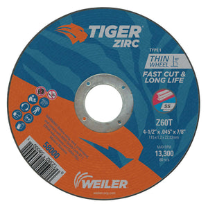 Tiger® Zirc Thin Cutting Wheel, 4-1/2 in dia x 0.045, 7/8 in Arbor, 60 Grit, Zirconia Alumina, T Hardness