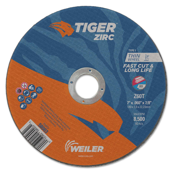 Tiger® Zirc Thin Cutting Wheels, 7 in Dia., 0.060 in Thick, 7/8 in Arbor, 60 Grit