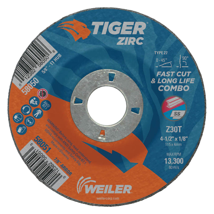Tiger Zirc Combo Wheels, 4 1/2 in Dia, 1/8 in Thick, 7/8 in Arbor