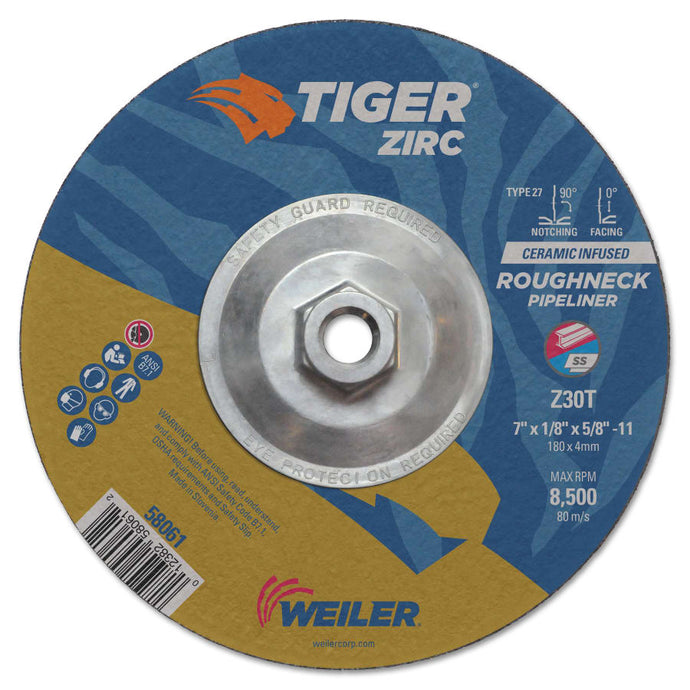 Tiger Roughneck Pipeliner Wheels, 7 in, 5/8 in Arbor, 30 Grit, Zirconia