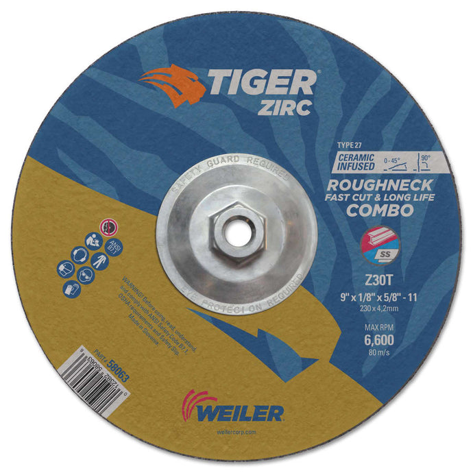 Tiger Roughneck Combo Wheels, 9 in Dia., 1/8 in Thick, 30 Grit, Zirconium