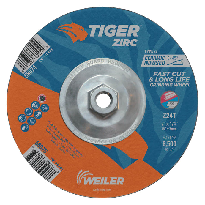 Tiger Zirc Grinding Wheels, 7 in Dia, 1/4 in Thick, 5/8 in-11 Arbor
