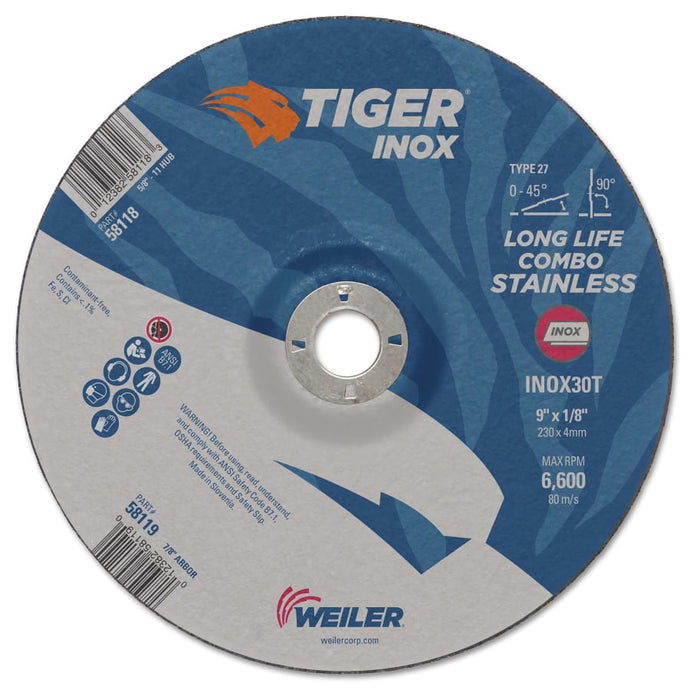 Tiger Inox Combo Wheels, 9 in Dia., 1/8 in Thick, 7/8 in Arbor, 30 Grit