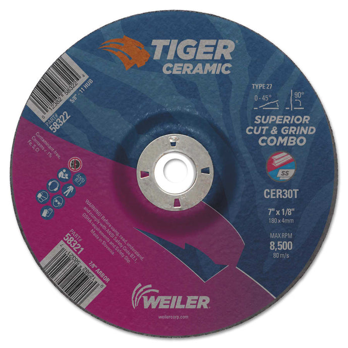 Tiger Ceramic Combo Wheels, 7 in Dia., 1/8 in Thick, 7/8 in Arbor, 30 Grit