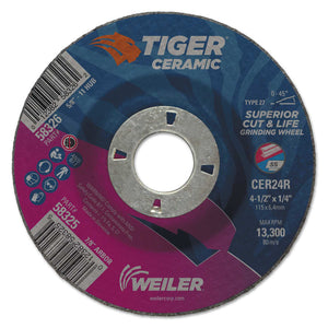 Tiger Ceramic Grinding Wheels, 4.5 in Dia, 1/4 in Thick, 7/8 in Arbor,10/bx