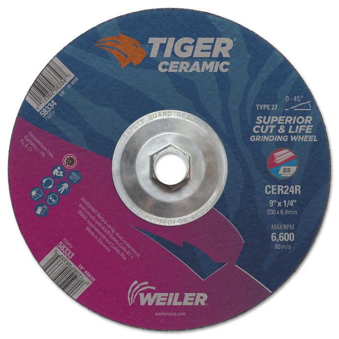 Tiger Ceramic Grinding Wheels, 9 in Dia., 1/4 in Thick, 24 Grit, Ceramic Alumina