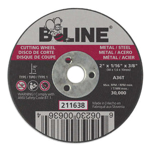 Cutting Wheel, 2 in dia, 1/16 in Thick, 3/8 in Arbor, 36 Grit, Alum Oxide