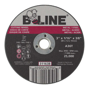 Cutting Wheel, 3 in dia, 1/16 in Thick, 3/8 in Arbor, 36 Grit, Alum Oxide